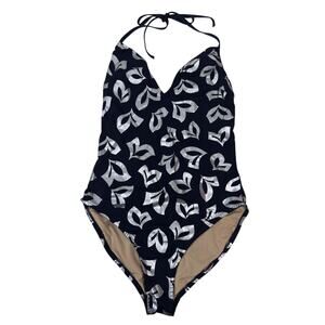 J. Crew Swimsuit Womens 8 Long Torso Navy Blue Halter Deep V Metallic Graphic